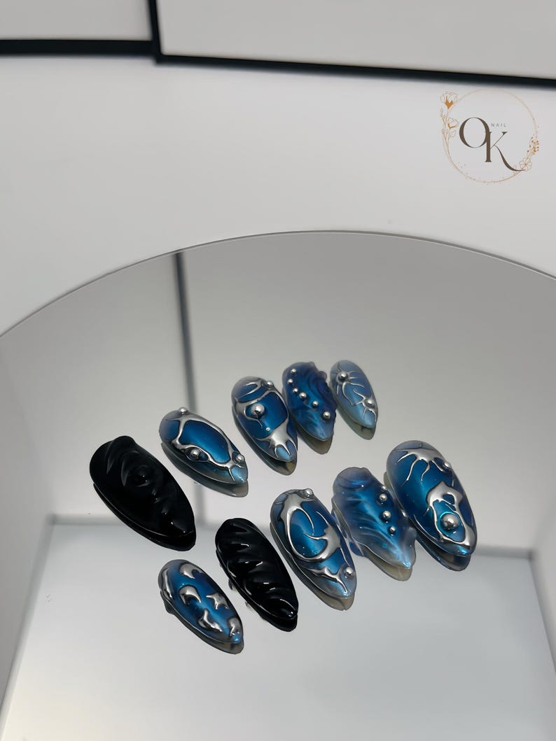 Chrome Blue Galaxy Futuristic Aura Press On Nails