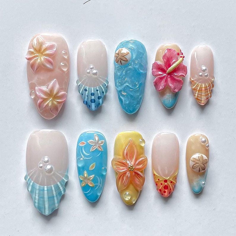 Tropical Ocean Bloom 3D Floral Press On Nails