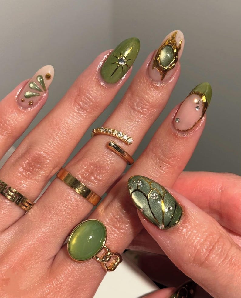 Olive Green Gold Elegant Almond Press On Nails