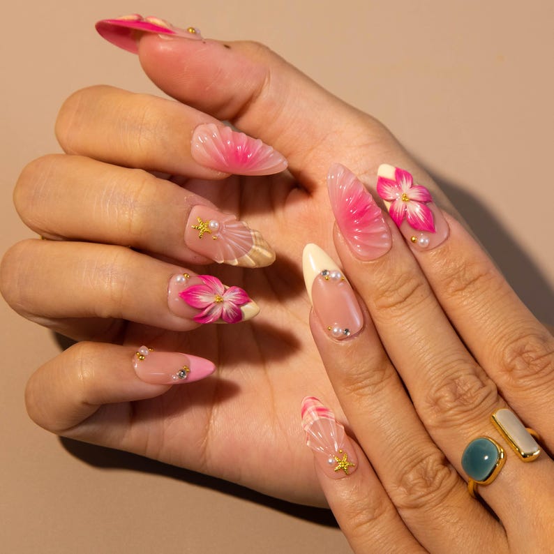 Delicate Pink Floral Pearl & Gold Press On Nails