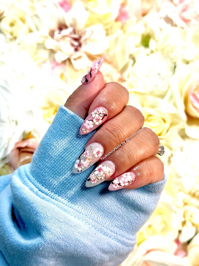 Elegant Cherry Blossom Floral Press On Nails