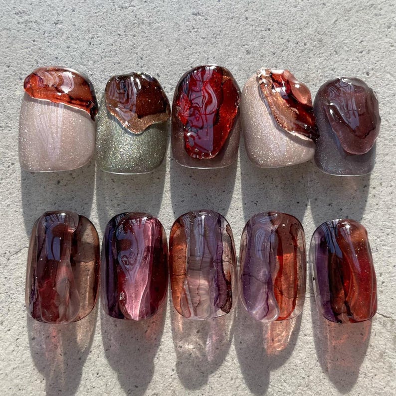 Glossy Molten Burgundy Glass Effect Press On Nails