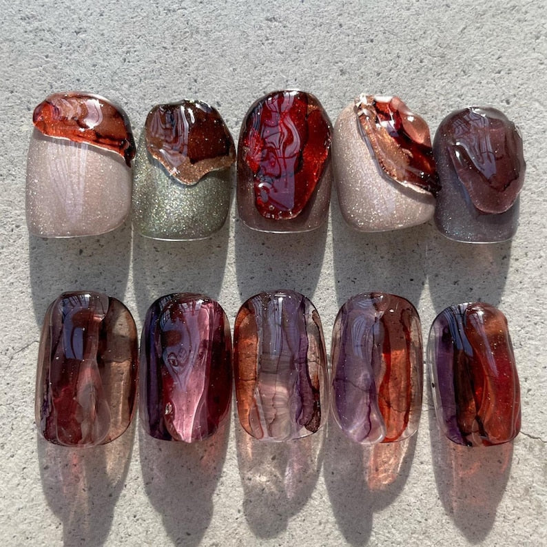 Glossy Molten Burgundy Glass Effect Press On Nails