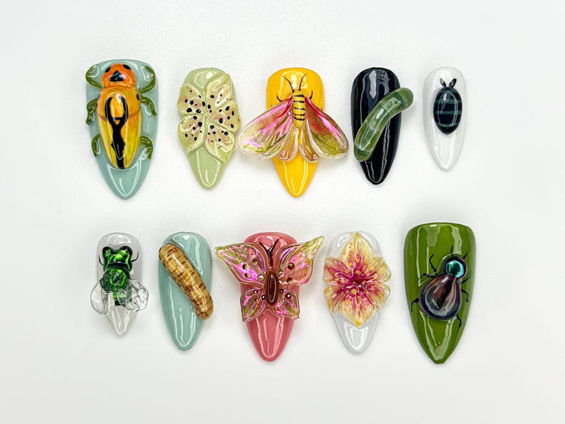 Summer Bug Garden Whimsical 3D Nature Floral Press On Nails