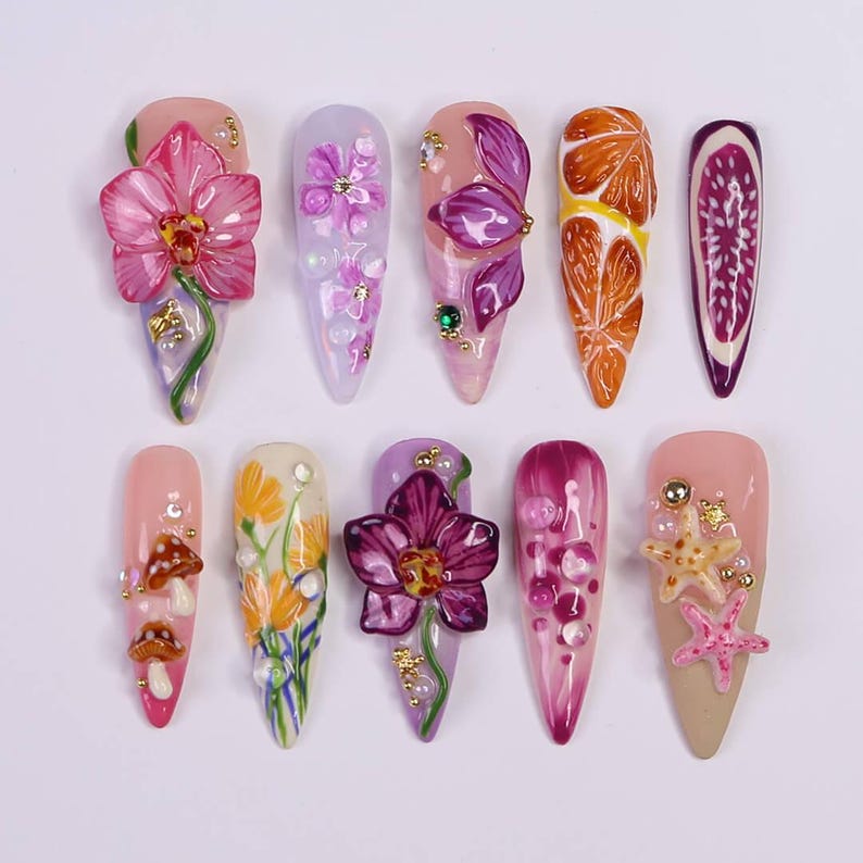 Tropical Orchid Fruit Press On Nails
