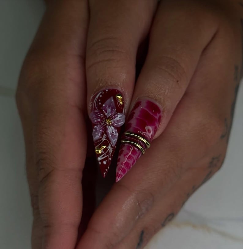 Cherry Red Gold Floral Stiletto Press On Nails
