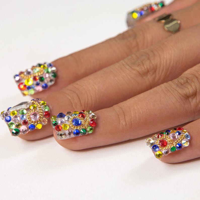 Rainbow Crystal Glam Press On Nails