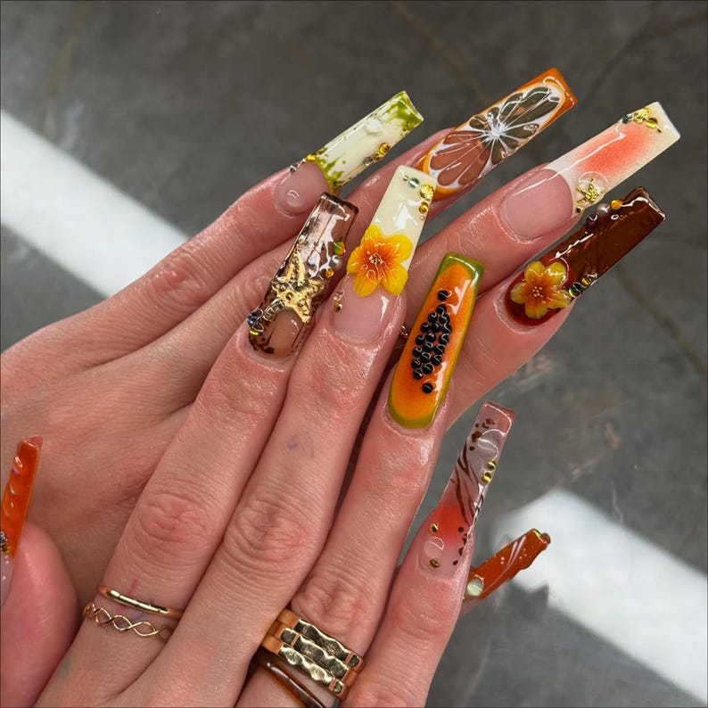 Tropical Fruit Bloom Summer Press On Nails