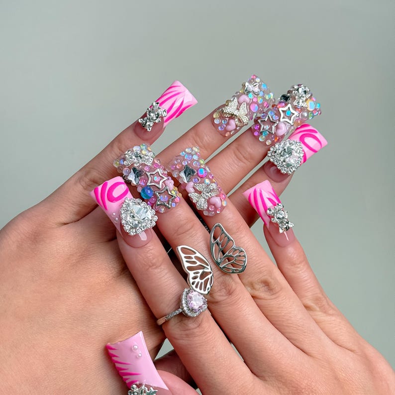 Glam Pink Rhinestone Y2K Bling Press On Nails