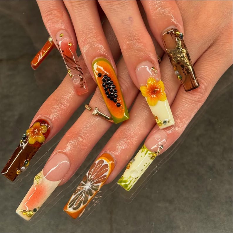 Tropical Fruit Bloom Summer Press On Nails