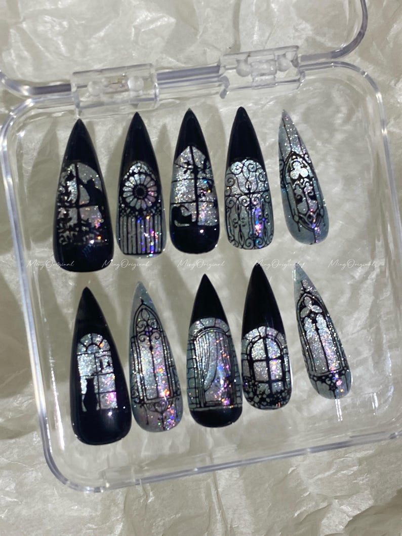 Black Stained Glass Cat Eye Glitter Press On Nails
