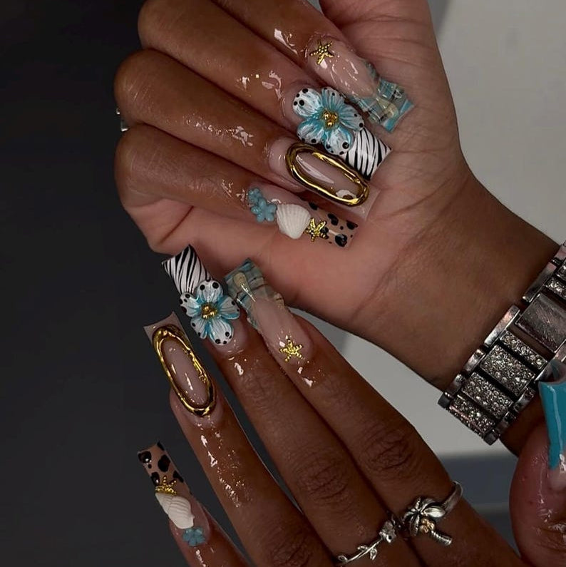 Coastal Blue Safari Summer Long Square Press On Nails