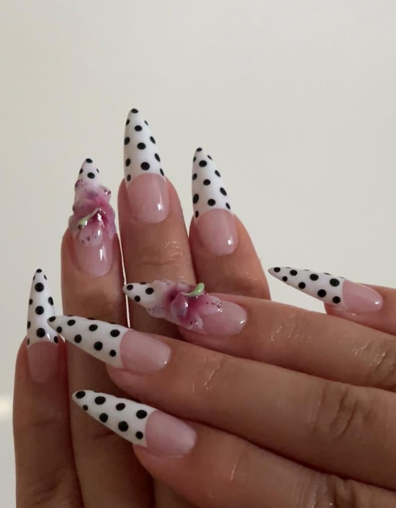 Black White Polka Dot Orchid 3D Stiletto Press On Nails