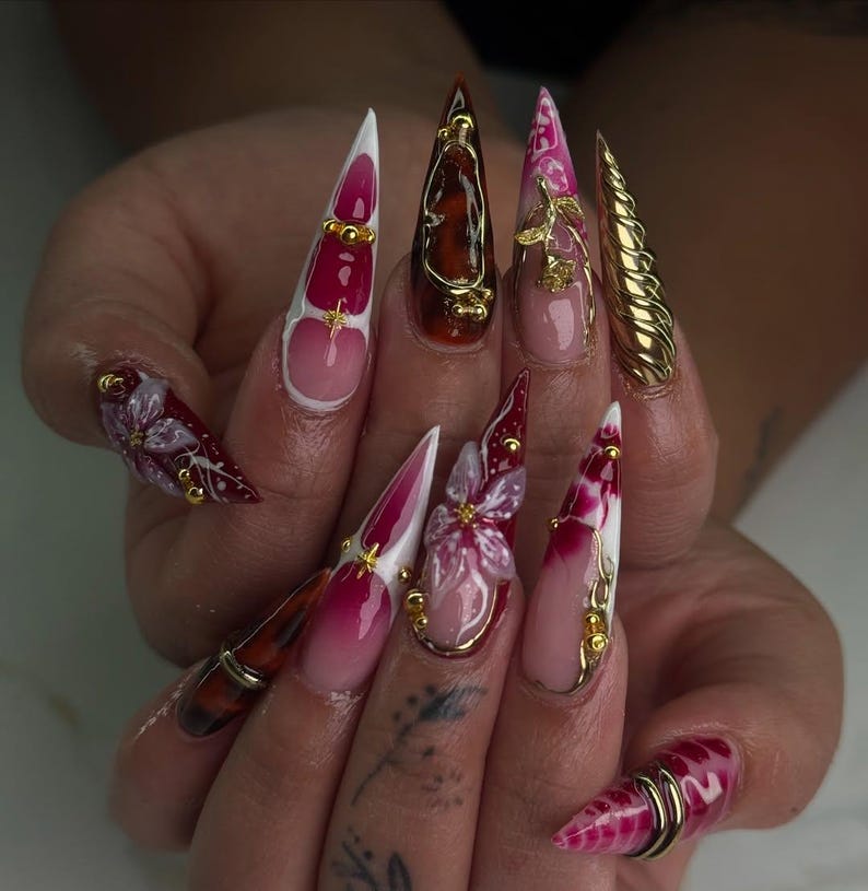 Cherry Red Gold Floral Stiletto Press On Nails
