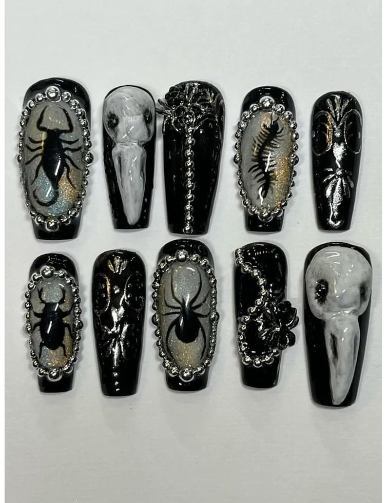 Holographic Black Spider Skull Coffin Statement Press On Nails