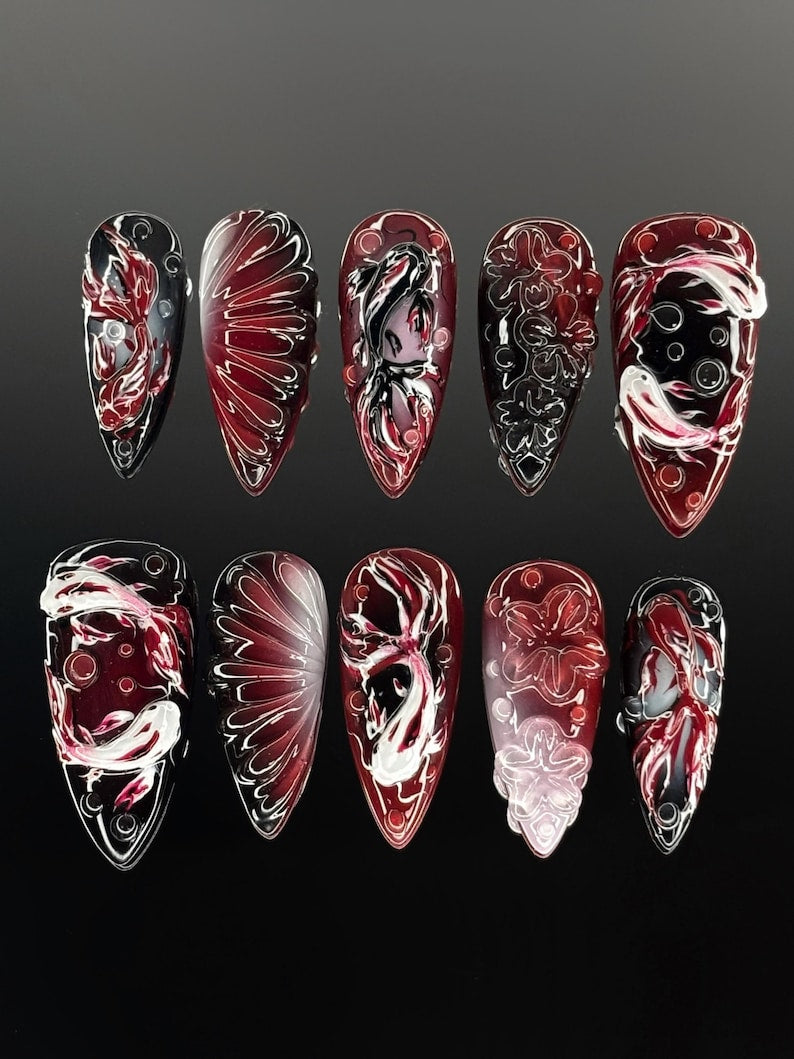 Elegant Hand Painted Koi Press On Nails