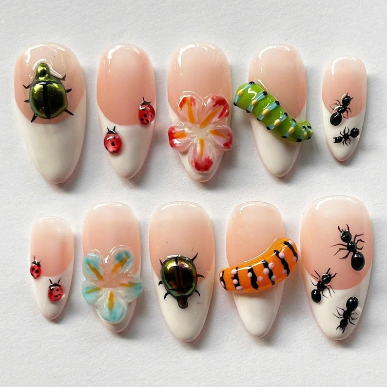 Whimsical Garden Bug Parade 3D Nature Inspired Press On Nails