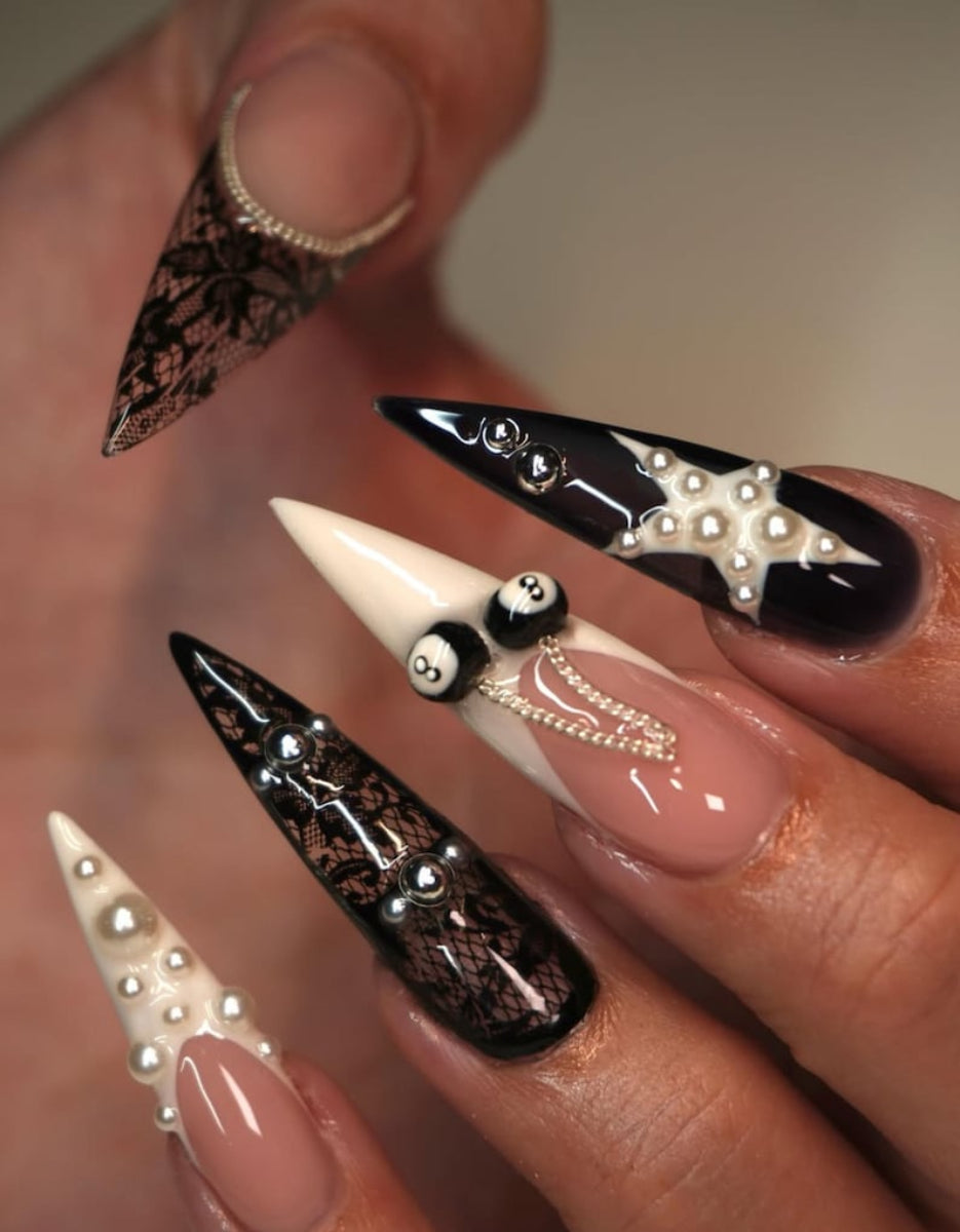 Gothic Lace Black and White 3D Pearl Lace Detail Luxury