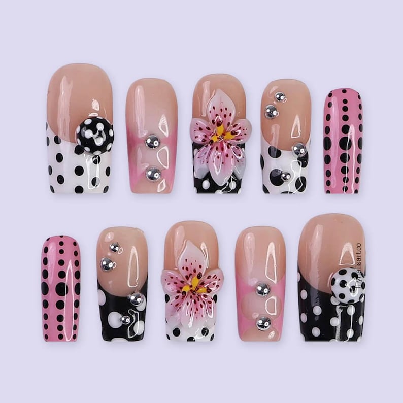 Pink Black Polka Dot 3D Flower Retro Press On Nails