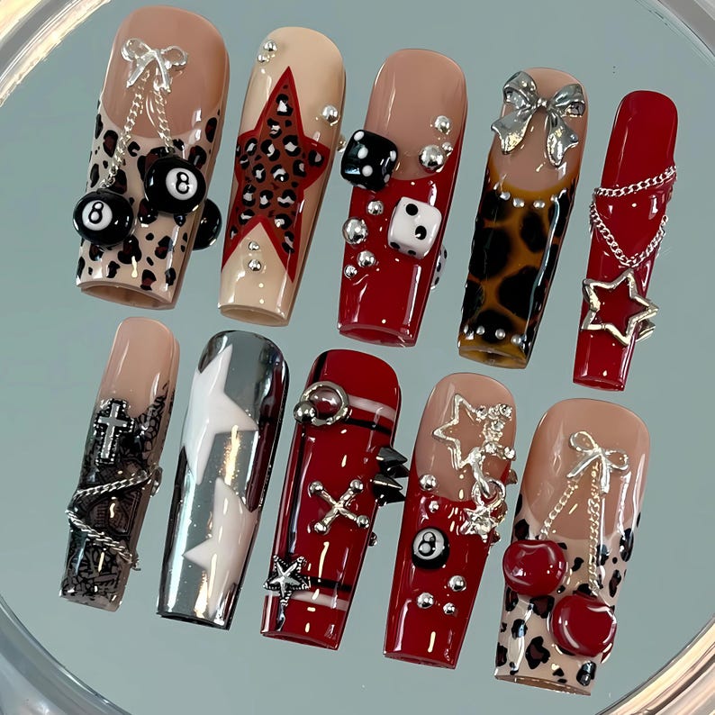 Red Leopard Star Chain Bow Long Coffin Press On Nails