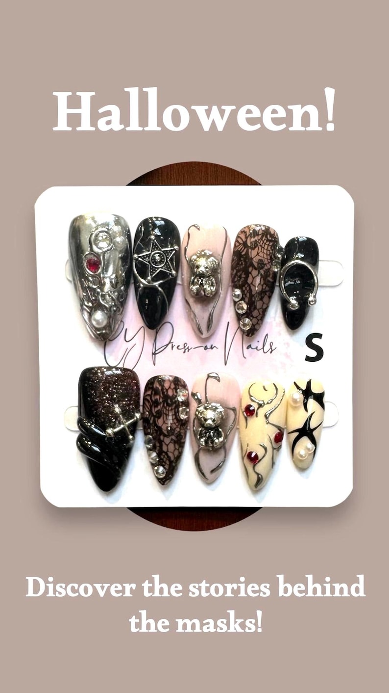 Black Lace Crystal Skull Elegant Halloween Press On Nails