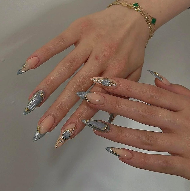 Romantic Pastel Floral & Gold Accent Press On Nails