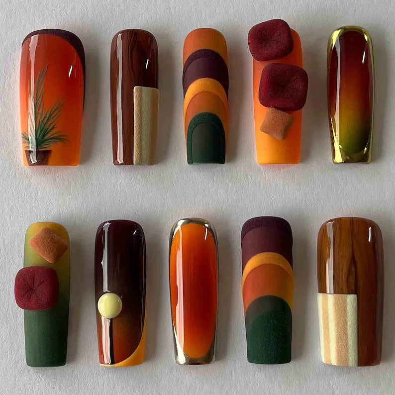 Autumn Sunset Geometric Velvet 3D Retro Press On Nails
