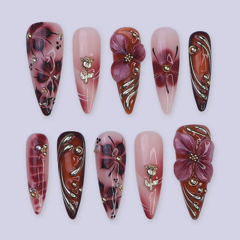 Burgundy Gold Floral 3D Autumn Press On Nails