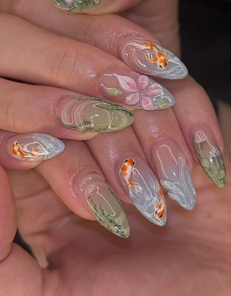 Green Koi Pond Nature Artistic Elegant Press On Nails