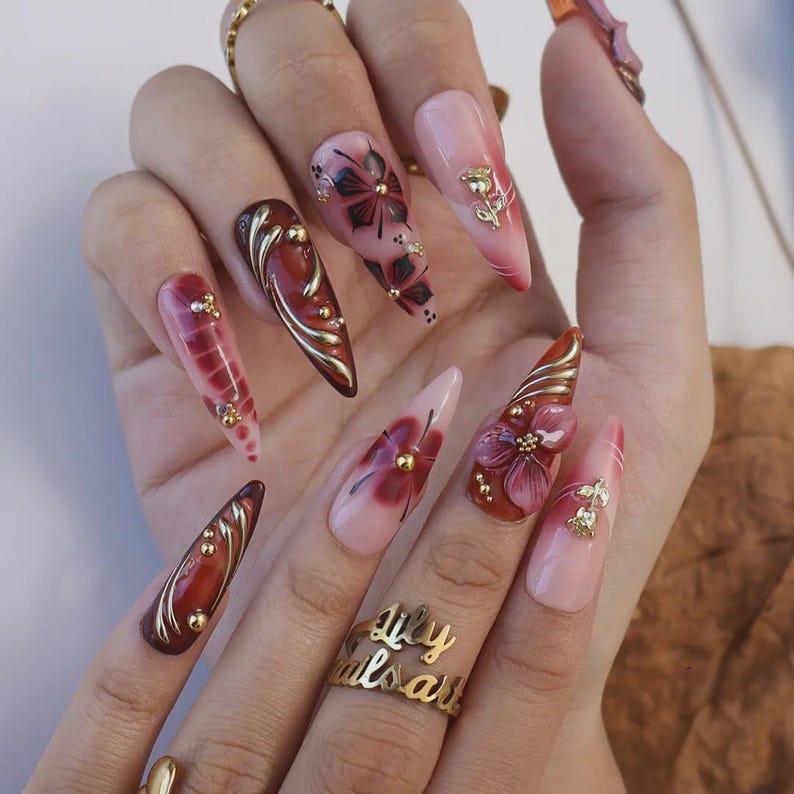 Burgundy Gold Floral 3D Autumn Press On Nails