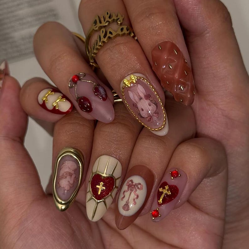 Sweet Gothic Strawberry Heart Pink Almond Press On Nails