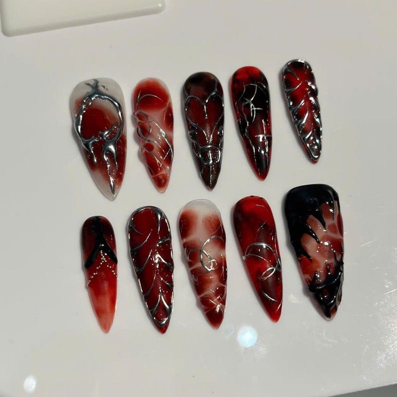 Crimson Marble Gothic Press On Nails