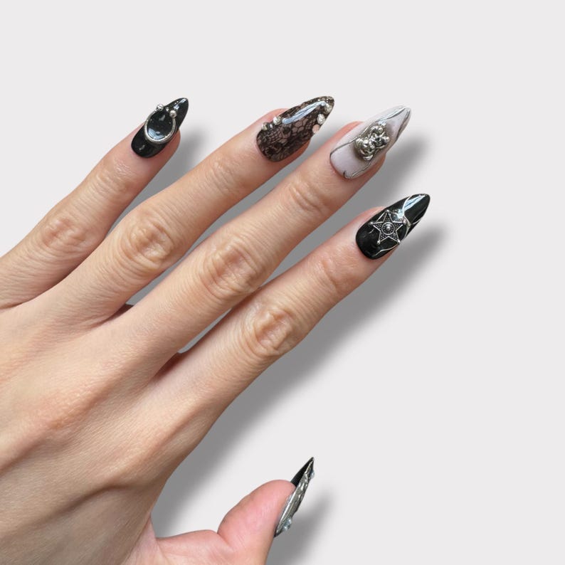 Black Lace Crystal Skull Elegant Halloween Press On Nails