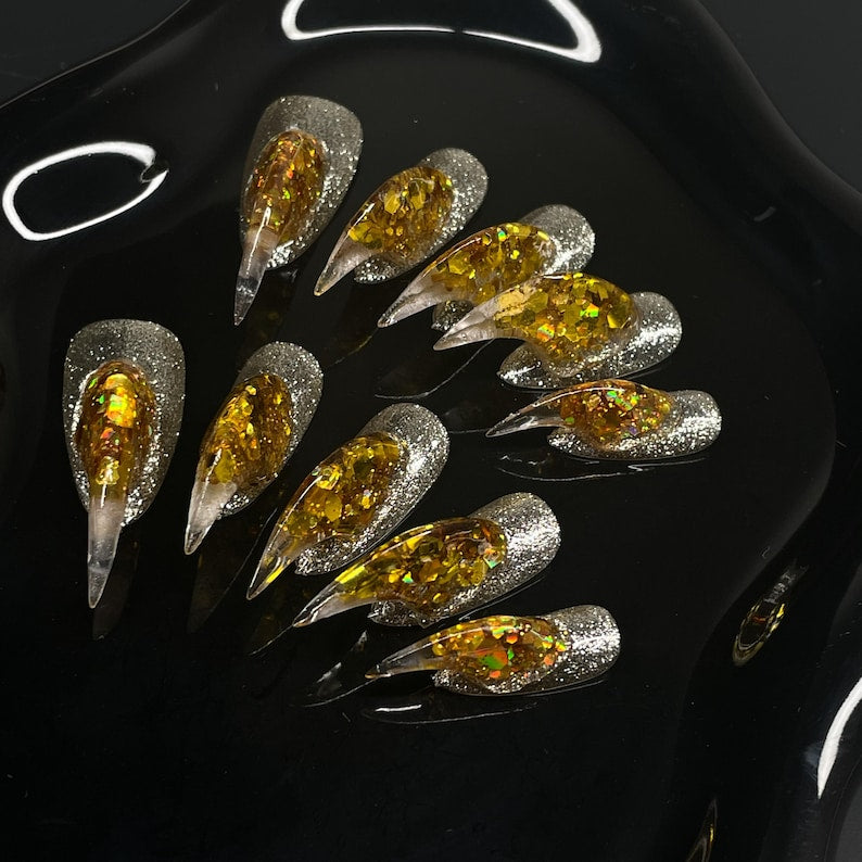Black Gold Flake Metallic Luxury Press On Nails