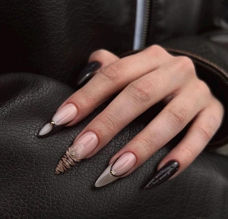 Brown French Leopard Cat Eye Shimmer Long Almond Press On Nails