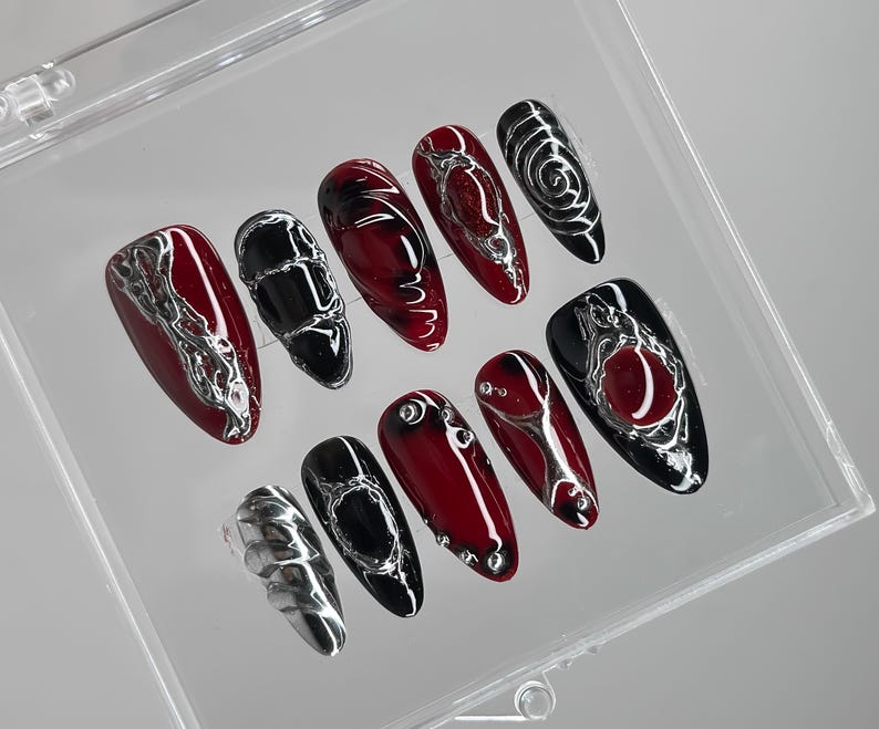 Black Red Chrome Press On Nails