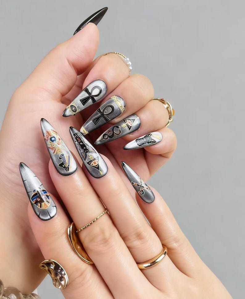 Metallic Silver Gold Hieroglyphic Mystic Press On Nails