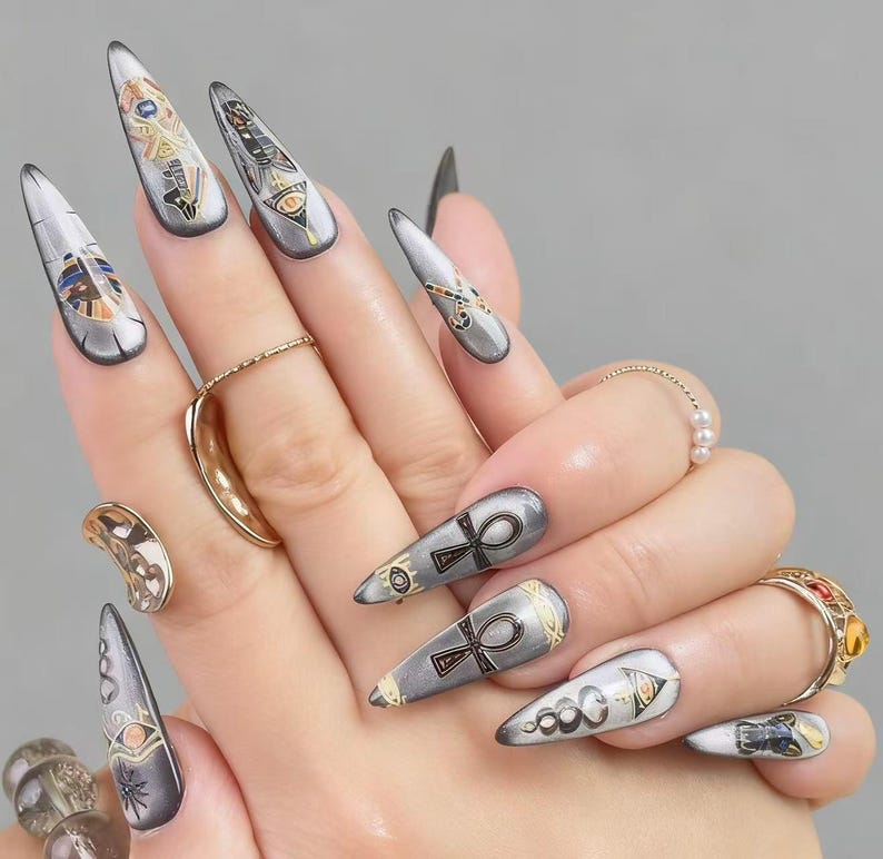 Metallic Silver Gold Hieroglyphic Mystic Press On Nails