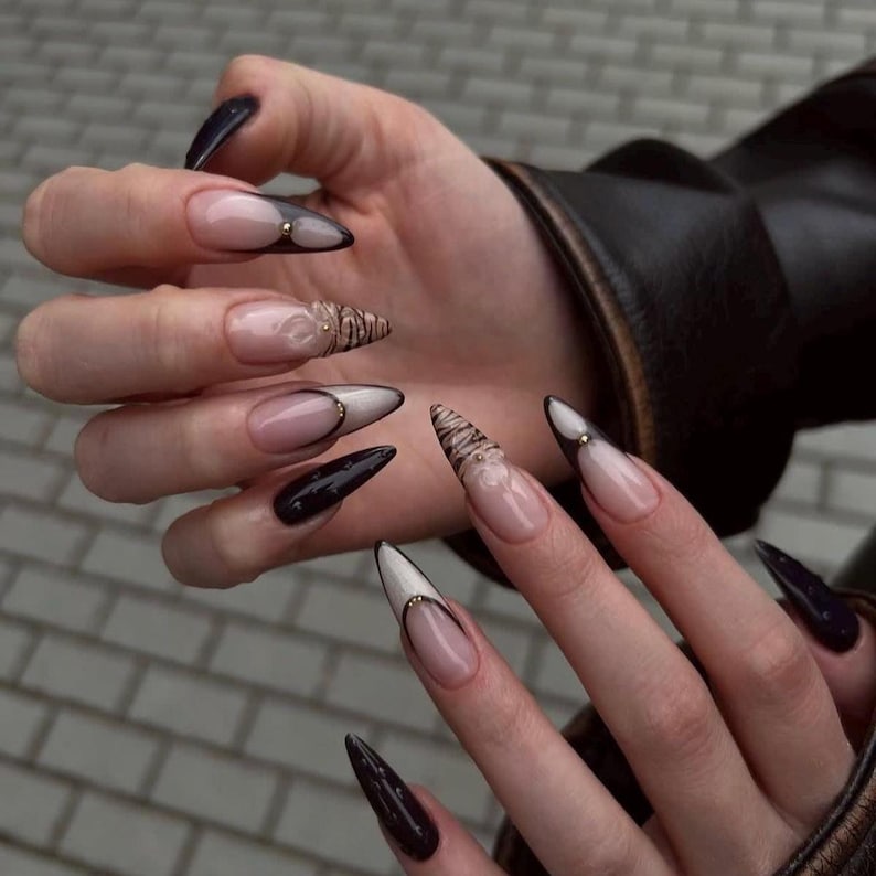 Brown French Leopard Cat Eye Shimmer Long Almond Press On Nails