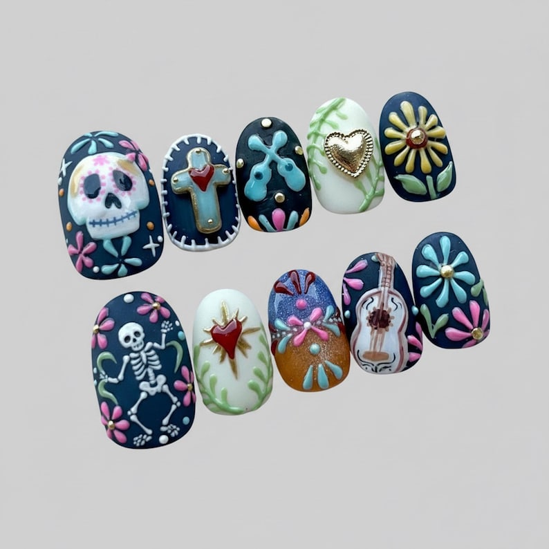 Vibrant Sugar Skull Floral Art Press On Nails