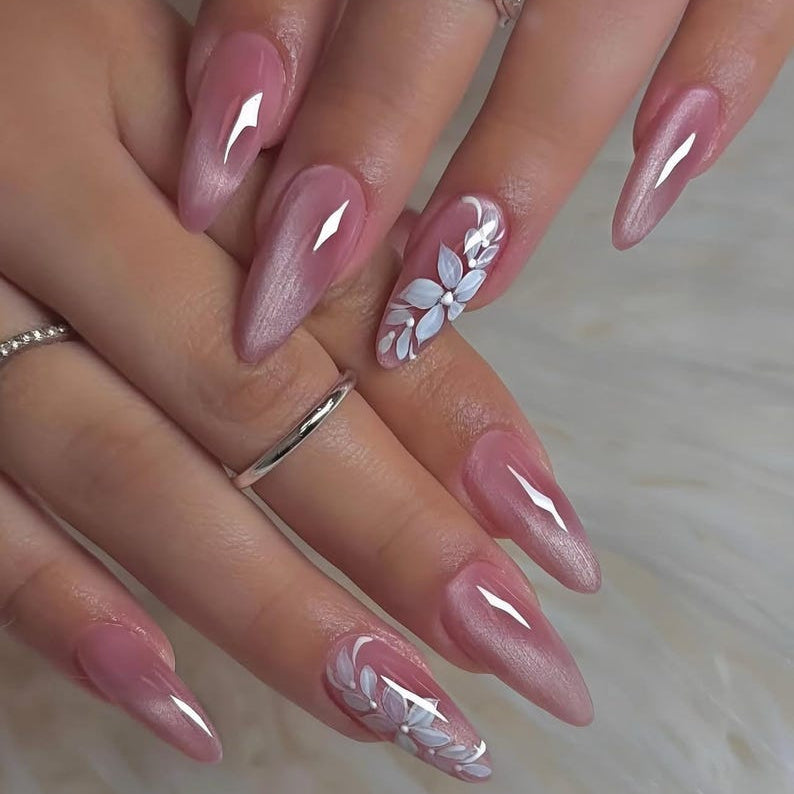 Shimmer Cat Eye Floral Elegant Press On Nails
