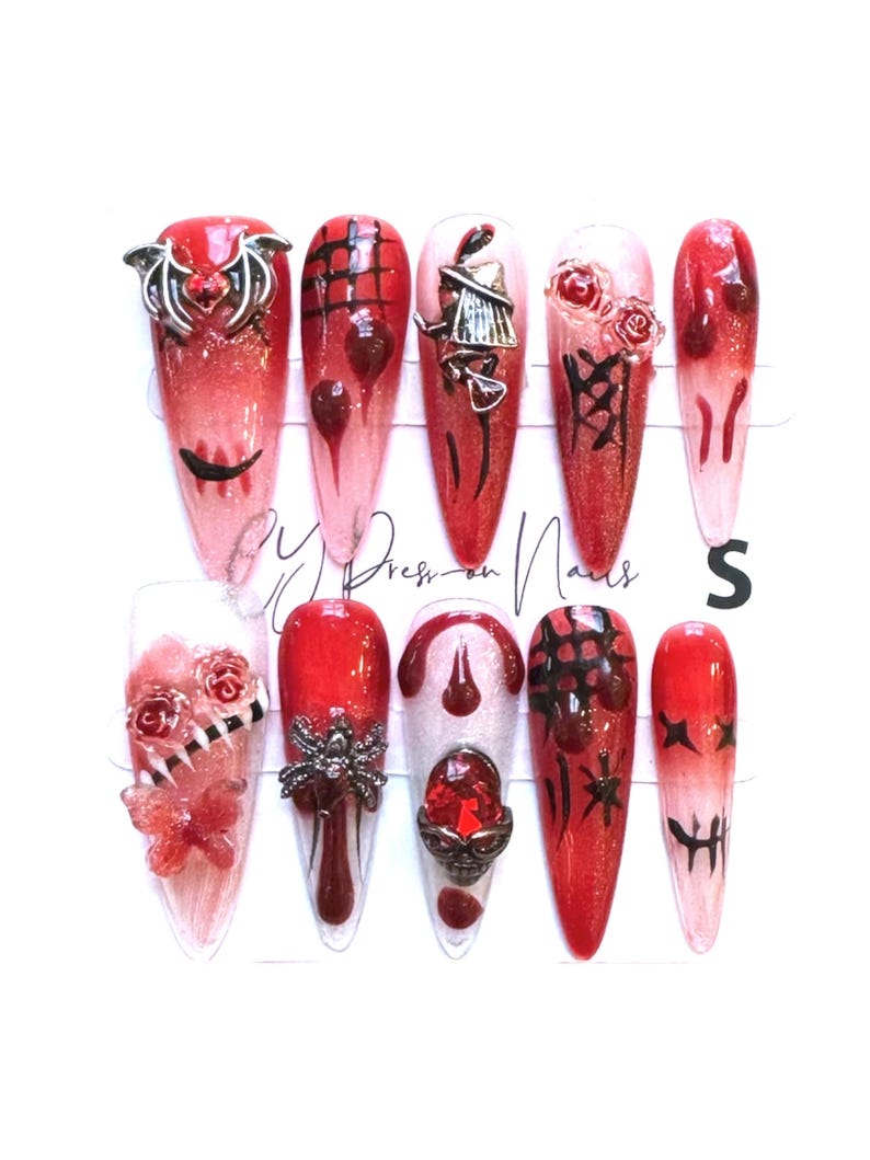 Red Ombre 3D Spooky Charm Stiletto Press On Nails