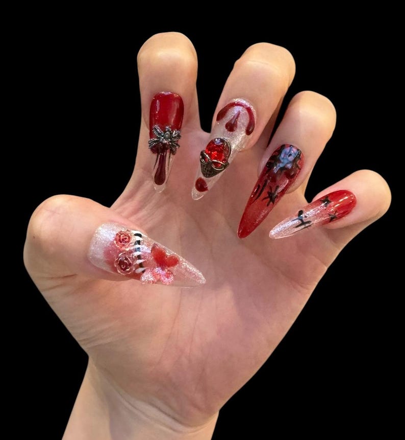 Red Ombre 3D Spooky Charm Stiletto Press On Nails
