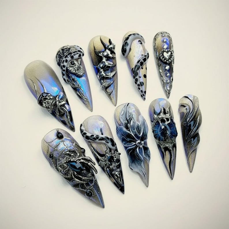 Silver Chrome Gothic Press On Nails