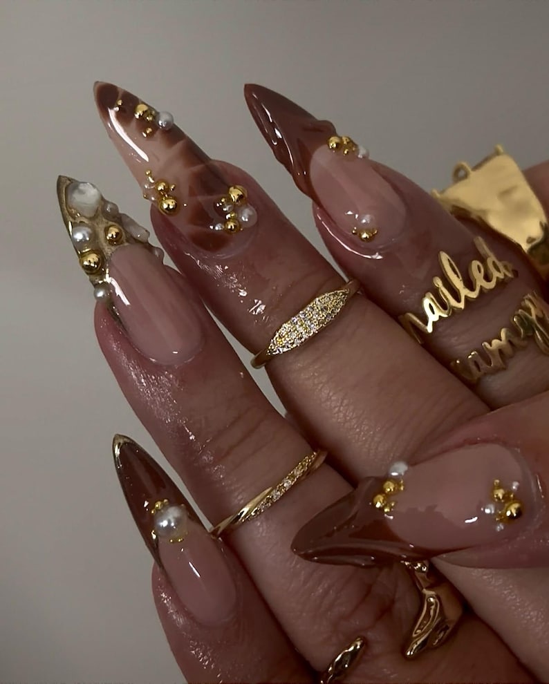 Brown Gold Luxury 3D Winter Stiletto Press On Nails