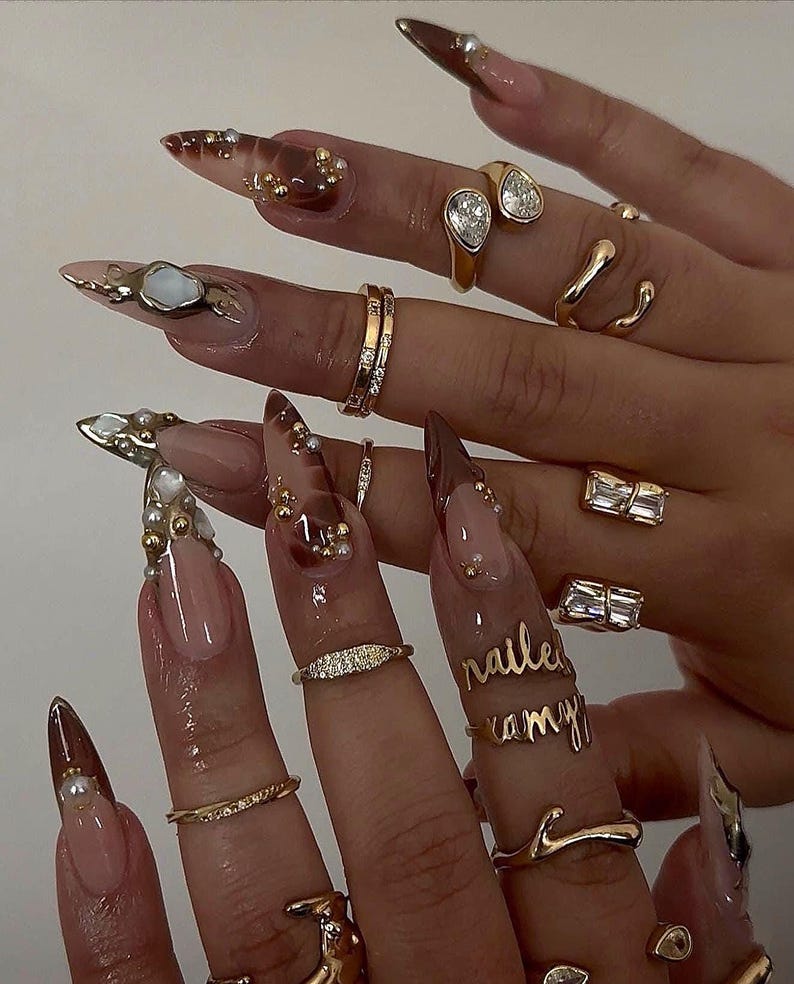 Brown Gold Luxury 3D Winter Stiletto Press On Nails