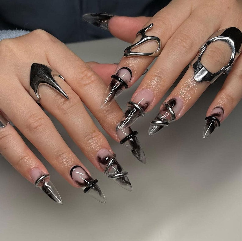 3D Cyber Chrome Futuristic Edge Press On Nails