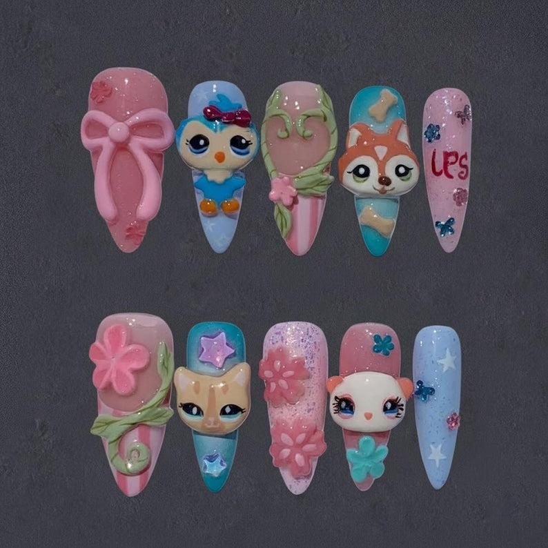 Y2K Kawaii 3D Cute Animal Charm Press On Nails