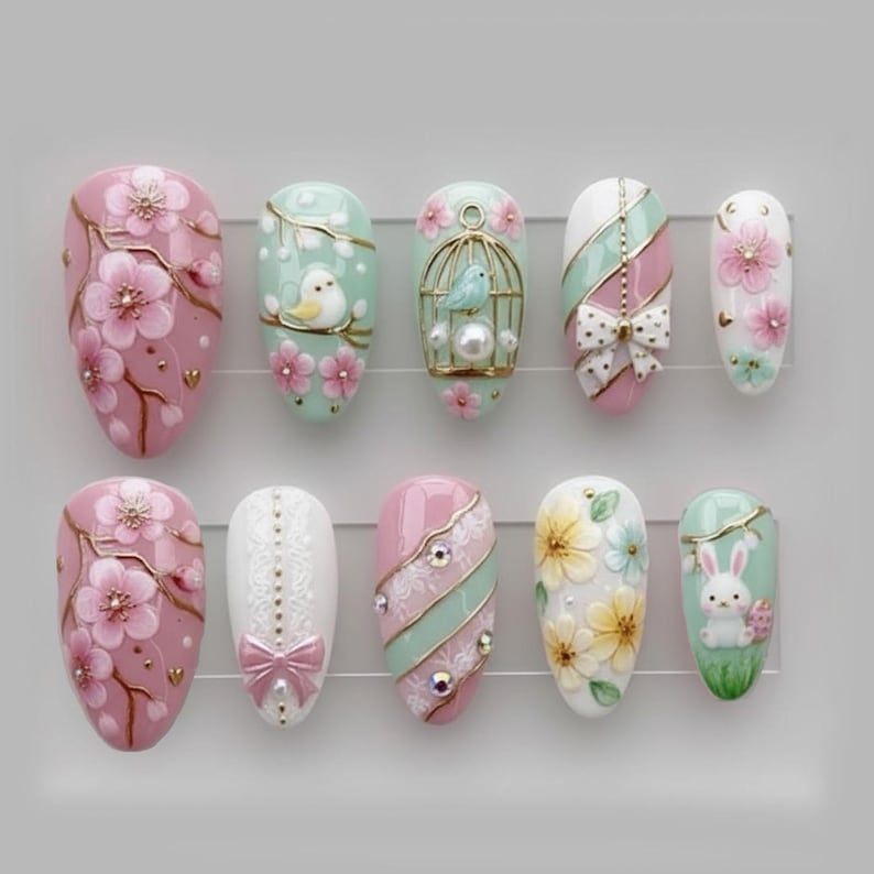 Pastel Pink Mint Sakura Bunny Press On Nails