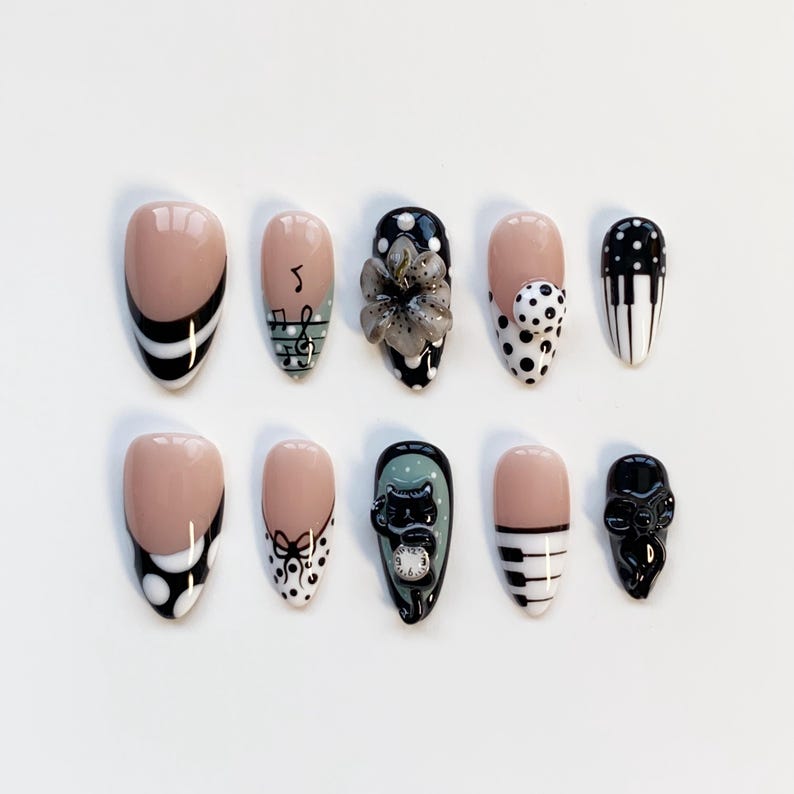 Kawaii Kitten Piano Bow Polka Dot Press On Nails